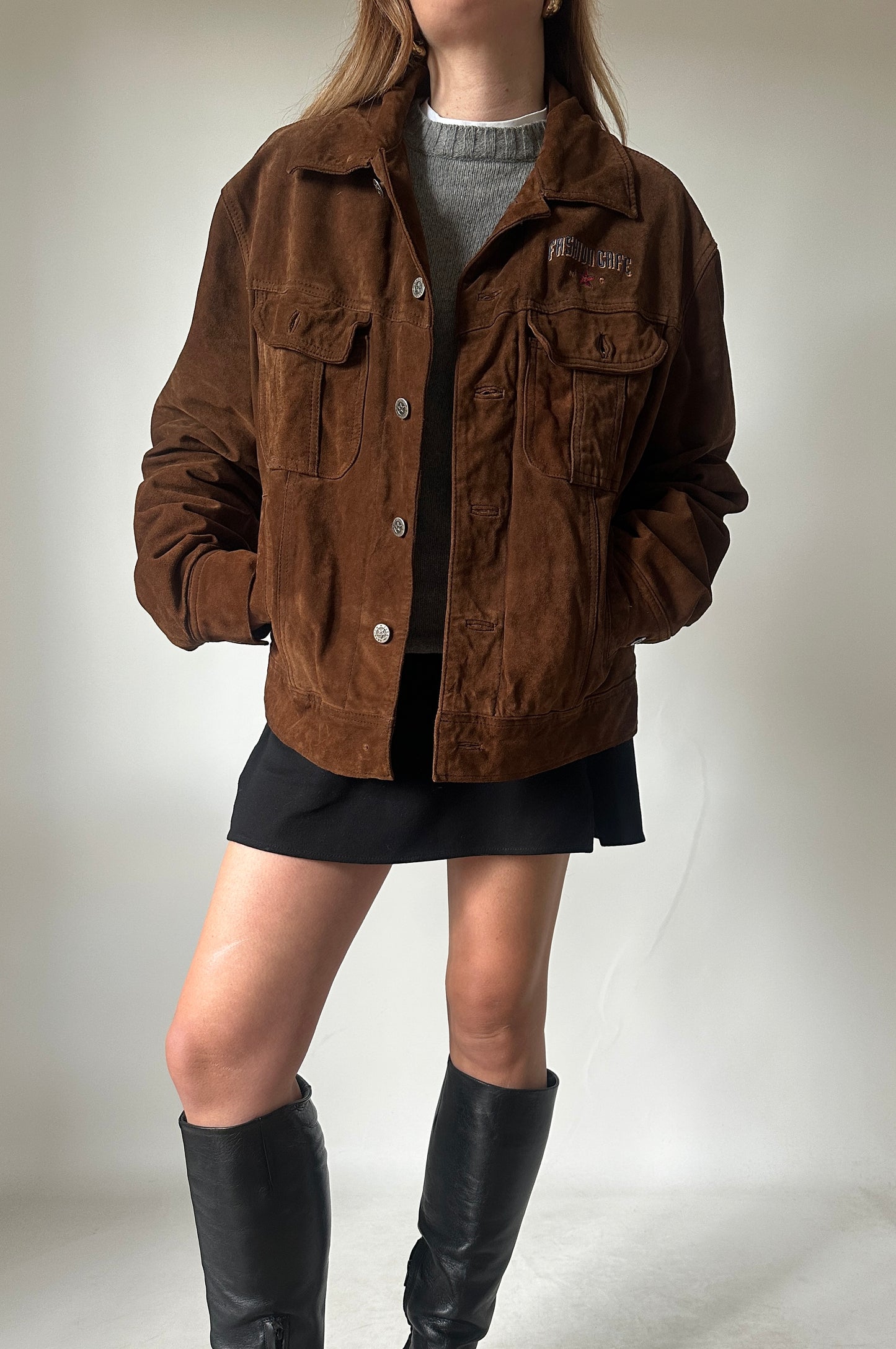 Casual chocolate suede bomber