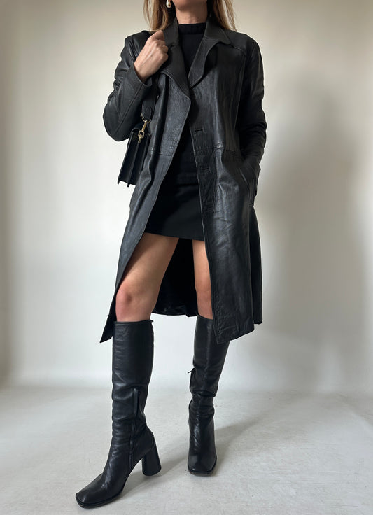 Black long leather trench