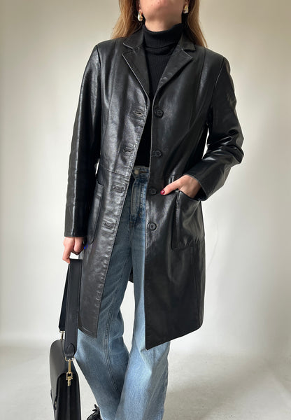 Black leather slim trench