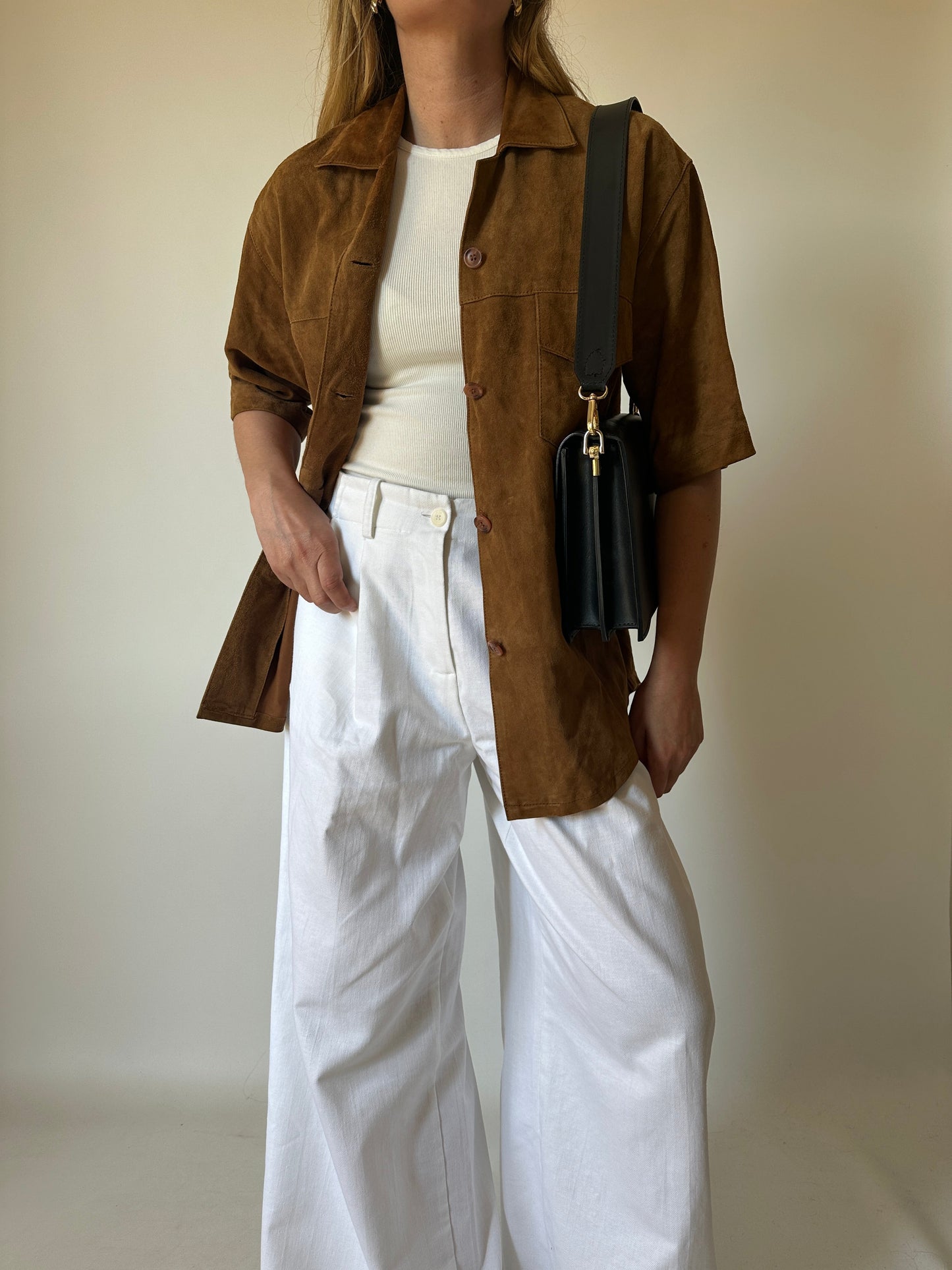 Brown suede half sleeves shirt
