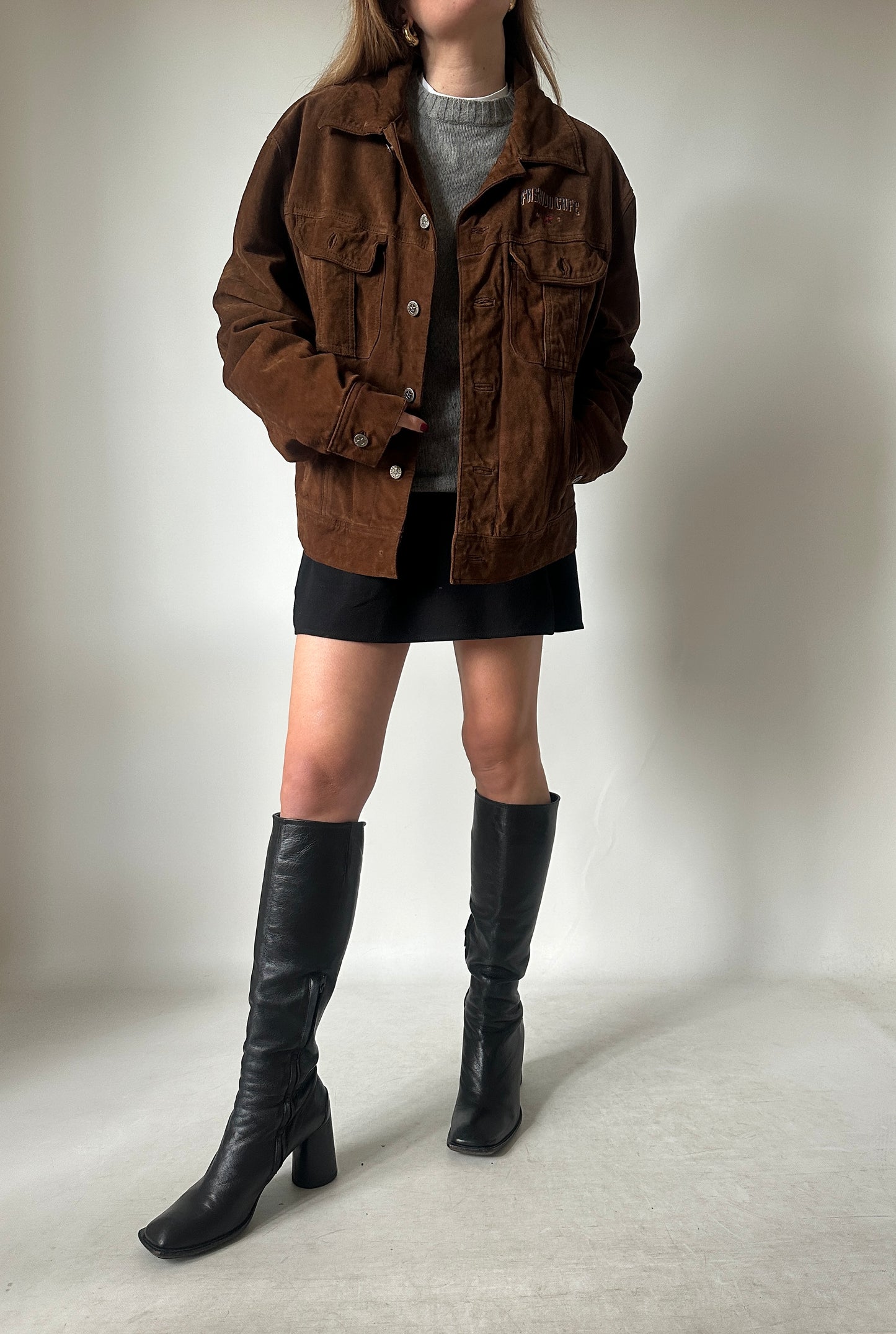 Casual chocolate suede bomber