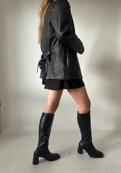 Petite leather jacket with belt