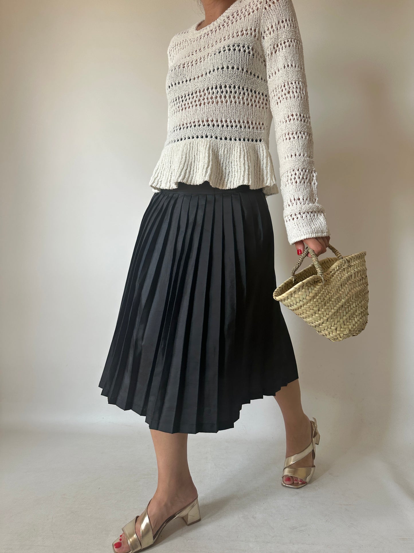 Minimal black pleated silk skirt