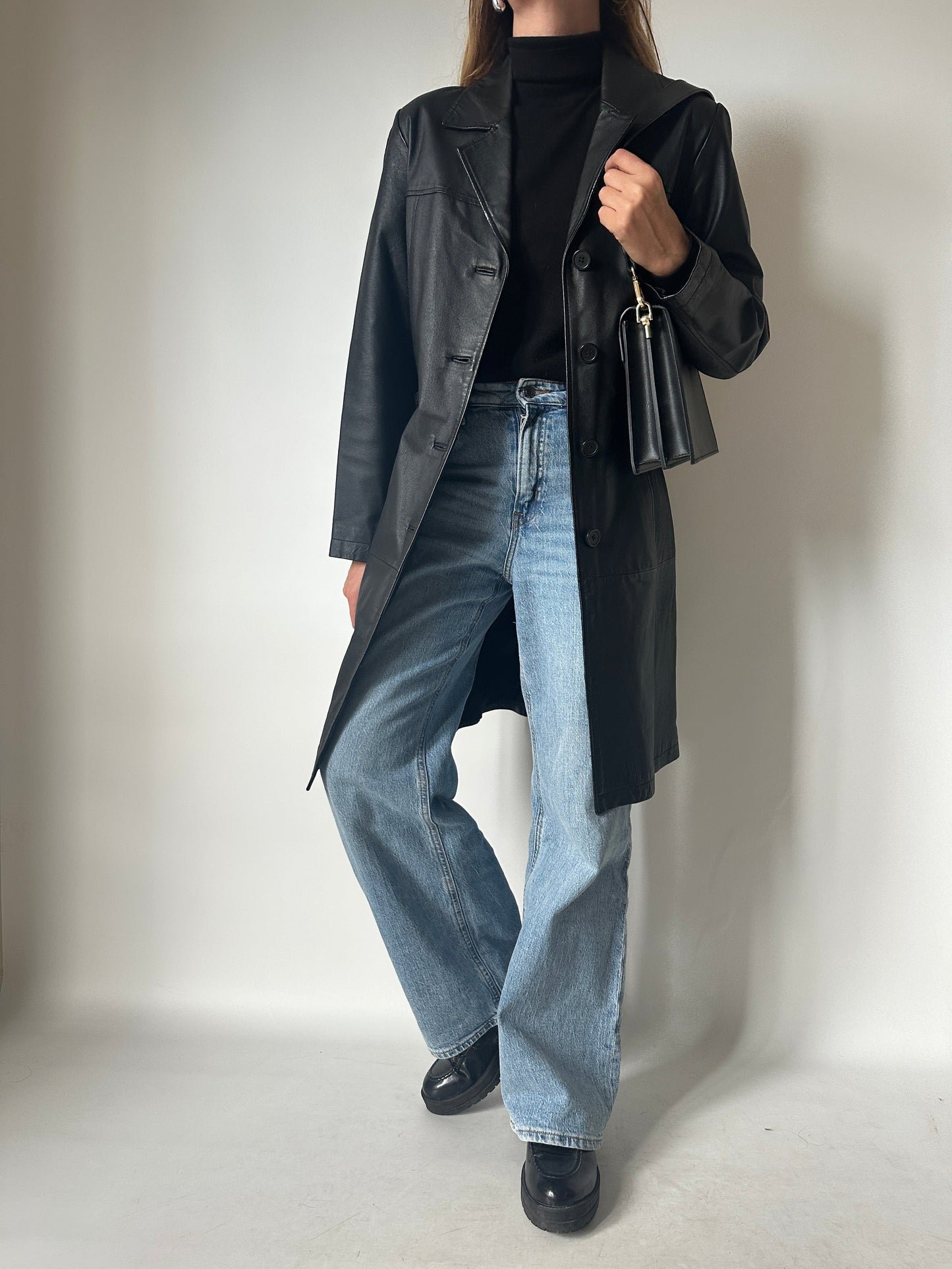 Black long leather trench