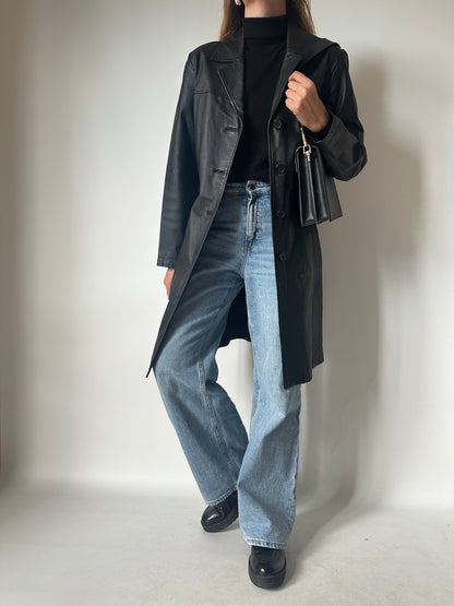 Black long leather trench