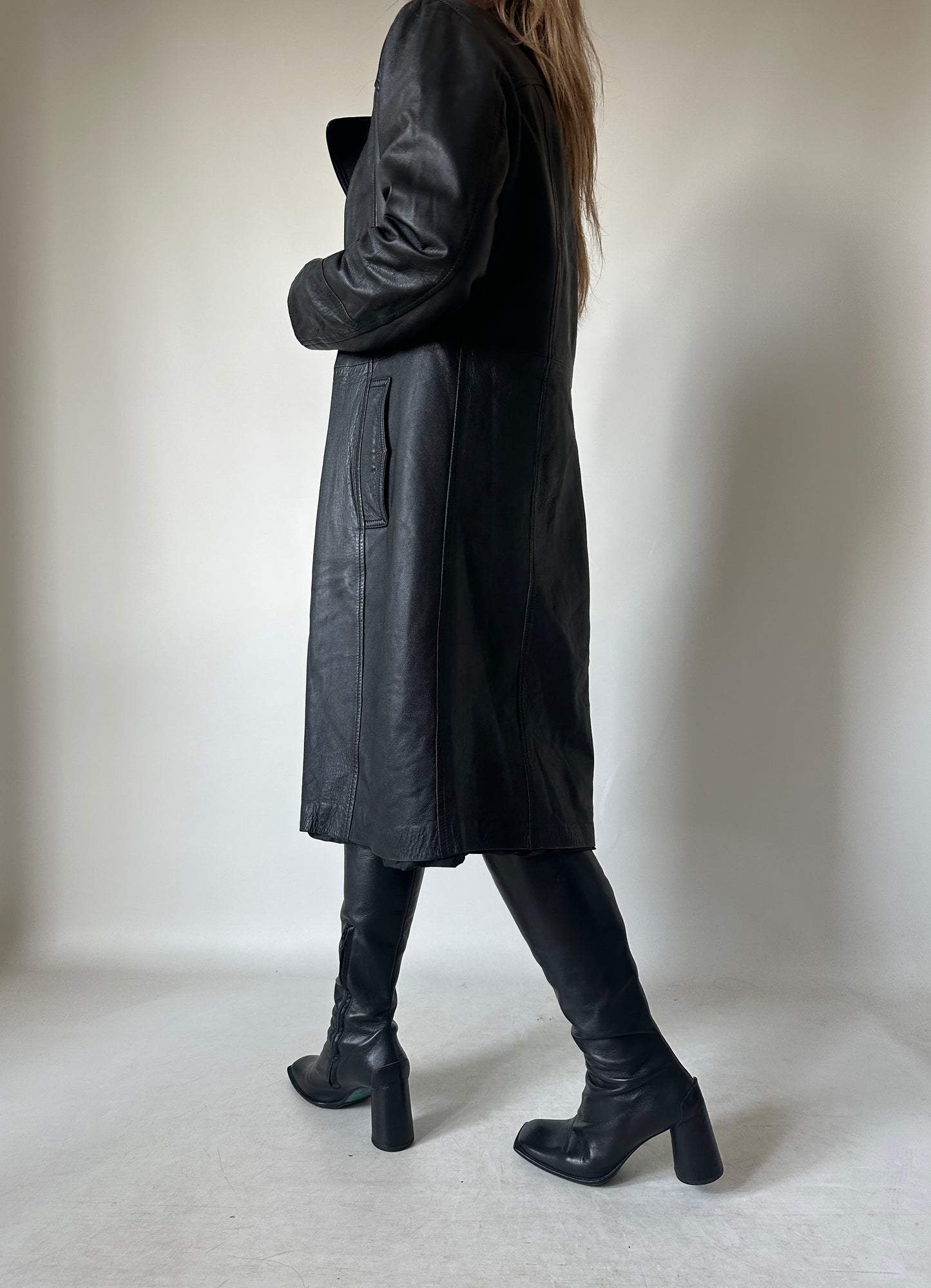 Black long leather trench