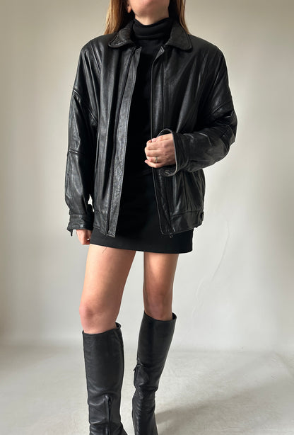 Minimal black leather bomber