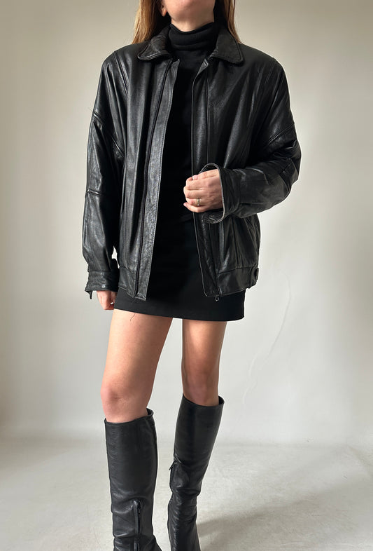 Minimal black leather bomber