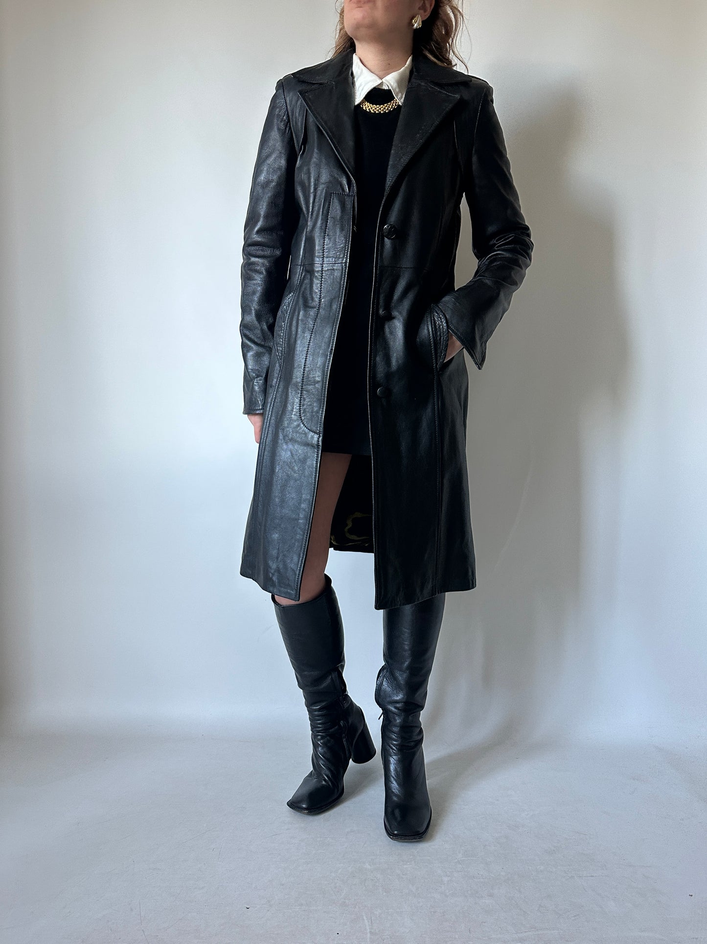 Black slim leather trench - new deadstock