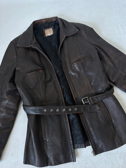 Chocolate distressed leather jacket with belt