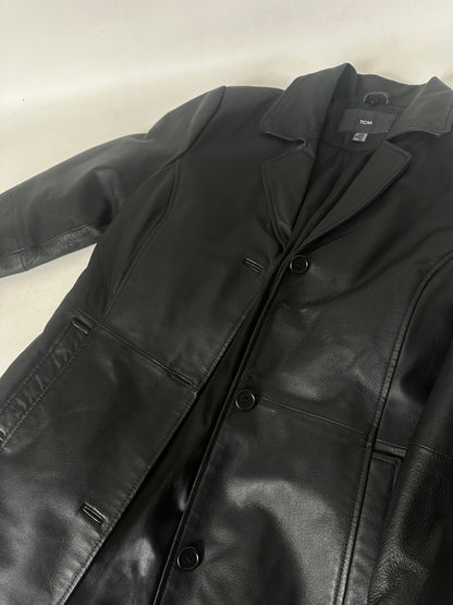 Iconic extra long black leather trench