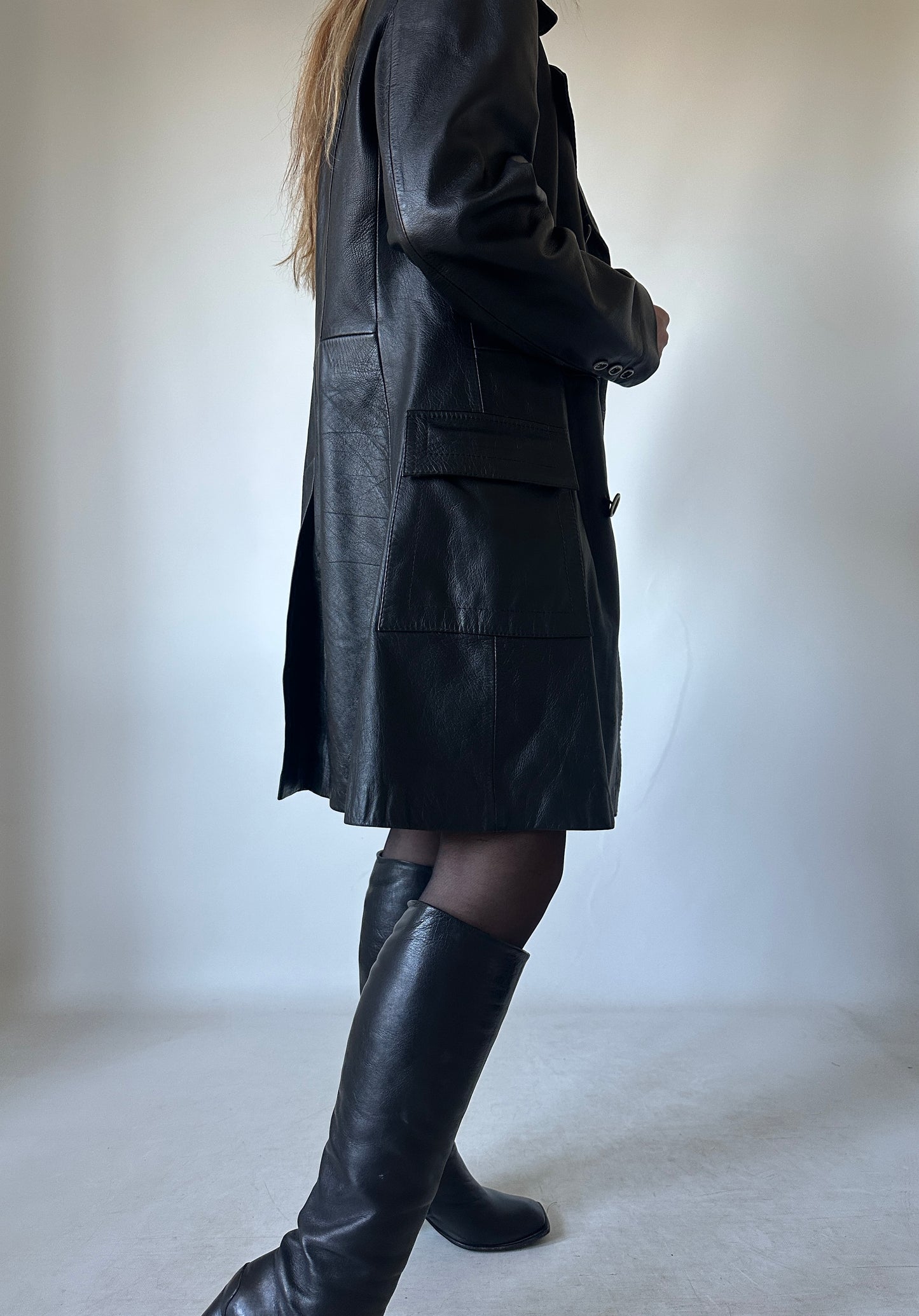 Unique petite black leather trench