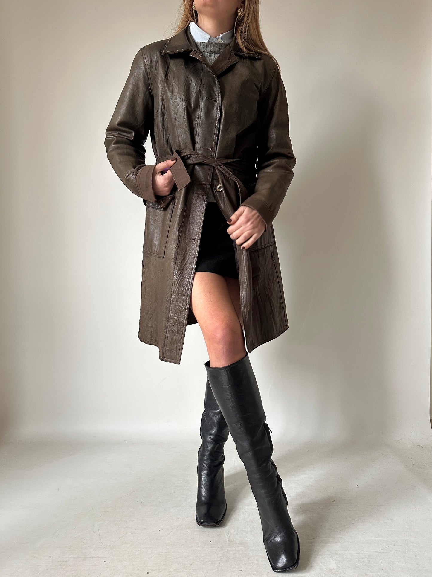 Chocolate leather trench with belt