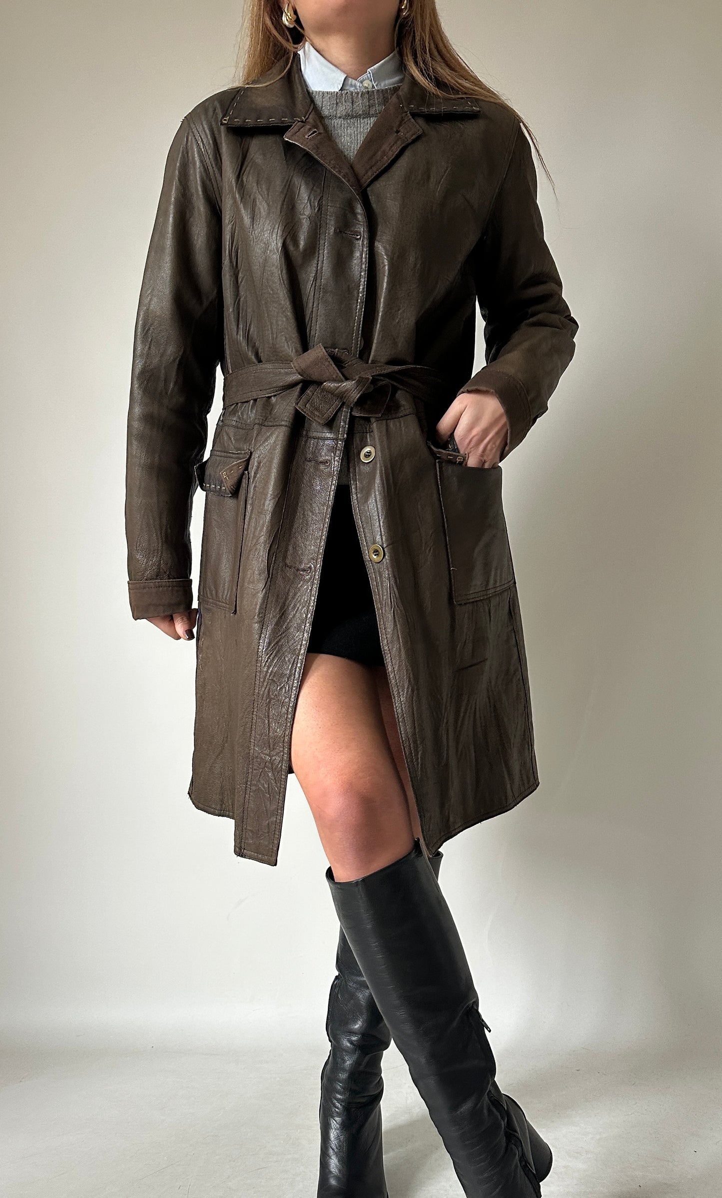 Chocolate leather trench with belt