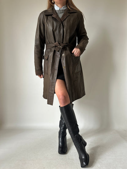 Chocolate leather trench with belt